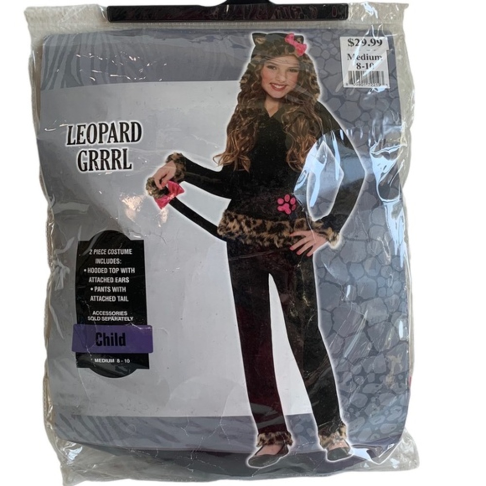 CostumesUSA Leopard GRRRL child costume medium 8-10, 2 piece, faux fur, tail NWT